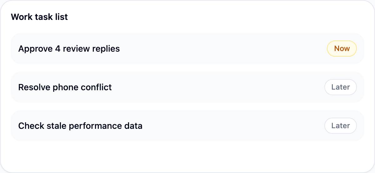 MX work task list showing a review reply awaiting approval and a listing conflict to resolve